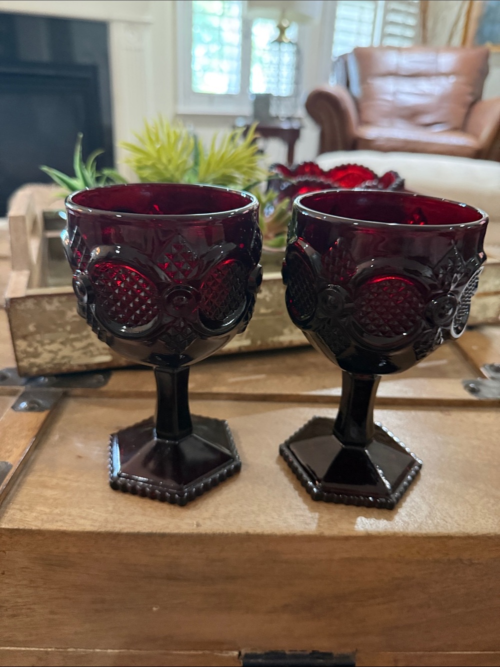 Avon Deep Ruby Red Pressed Glass Goblets - Pair